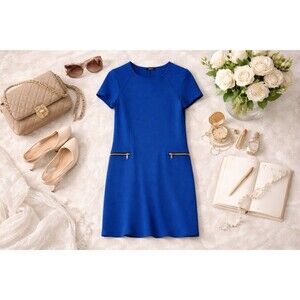 Ann Taylor Blue Sheath Dress Short Sleeve | Faux Zipper Pockets | Size S | NWOT